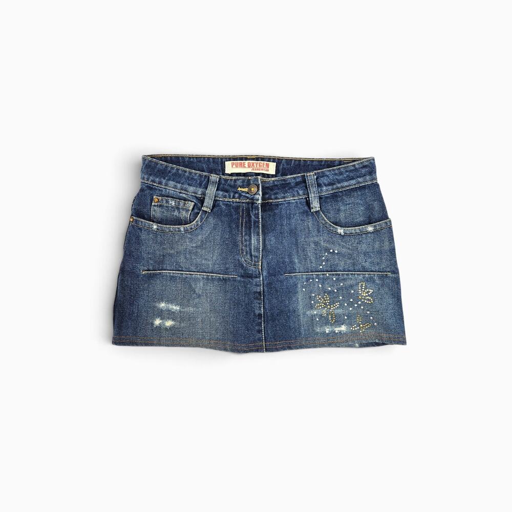 Y2k Euro Denim Mini Skirt Embellished Distressed Rhinestone McBling - Small